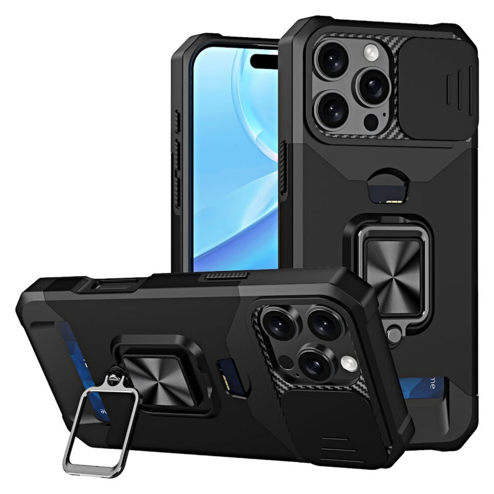 Phone Case Compatible With Apple Iphone 16 Pro (6.3Â), Camera Cover, Card Holder, Shock-Absorbing Kickstand ( 3-In-1) Black 9170372802098