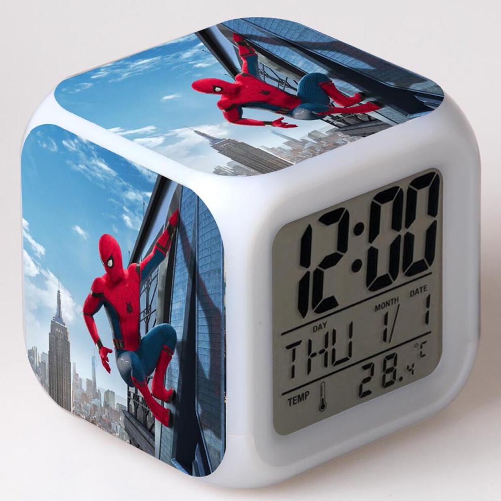 Hanntaoo Digital Alarm Clock For Kids, Cartoon Spider-Man 7 Color Led Wake Up With Thermometer & Night Gift For Boys Girls Light