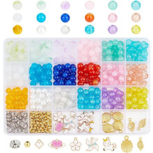 507 Pcs 24 Styles Glass Beads Jewelry Making Kit with Colorful Rhinestone, Iron Spacer, Flower Heart Charms & Pendant for Necklace Bracelet