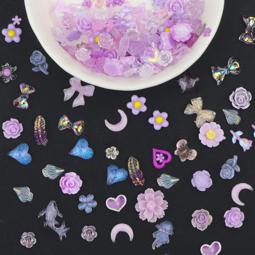 Purple 100Pcs 3D Resin Nail Art Charms Multi Shape Mix Hearts Flowers Butterflies Bows Moon