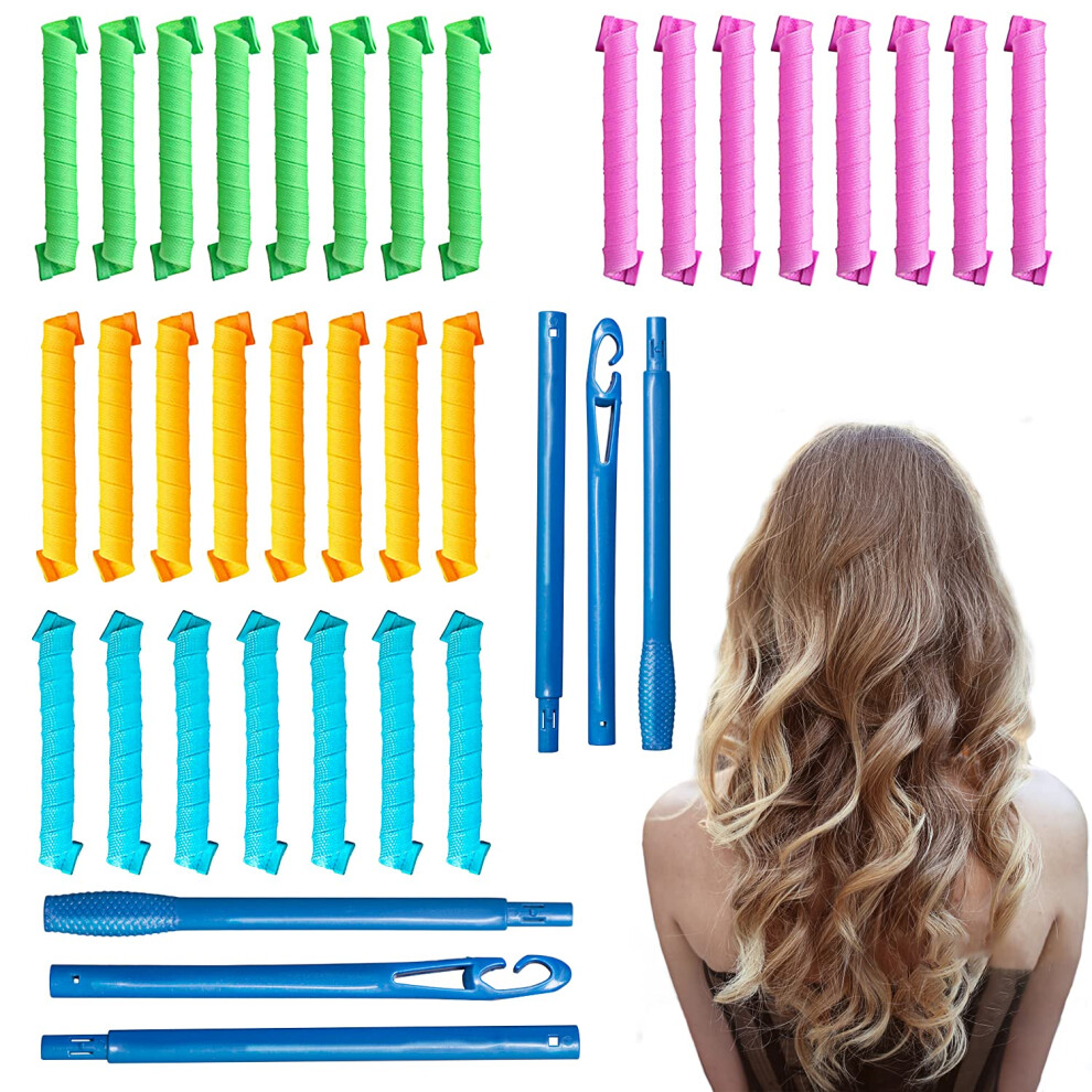 Pink 30Pcs Heatless Hair Curlers Spiral Curls Styling Kit With 2 Hooks For Long Hair, Assorted Colors 17.7In