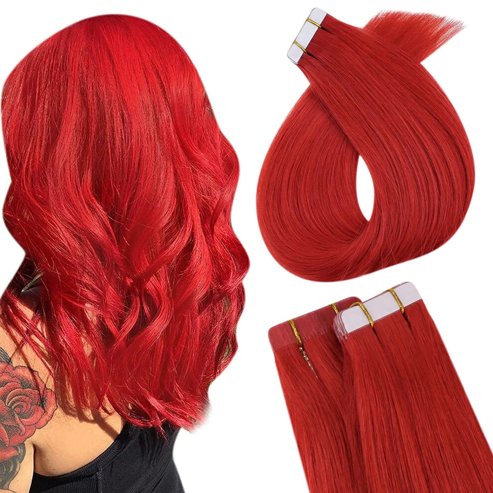 Unisex Red Seamless Tape In Human Hair Extensions Remy 20 Inch Instant Volume Boost 10Pcs