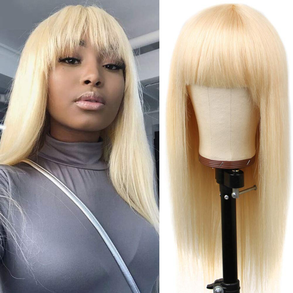 Unisex 613 Blonde Straight Human Hair Wig With Bangs, Brazilian Virgin, Glueless, 16 Inch