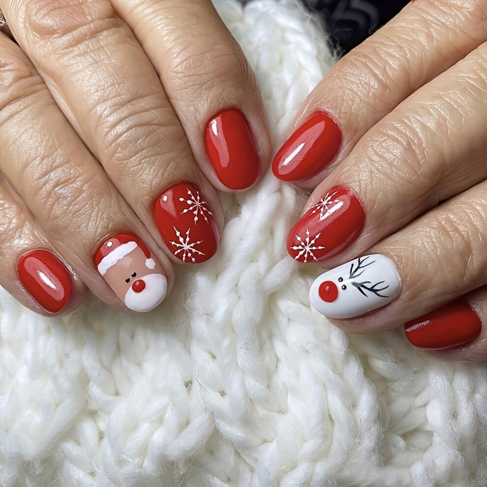 Red Christmas Press On Nails Oval Set With Santa Claus And Snowflake Designs, Reusable Holiday Manicure