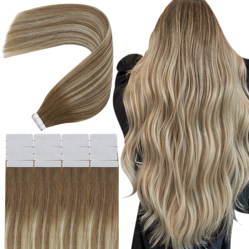 Unisex Brown 22 Inch To Blonde Balayage Tape In Hair Extensions Human Hair Remy 20Pcs Longlasting Adhesive