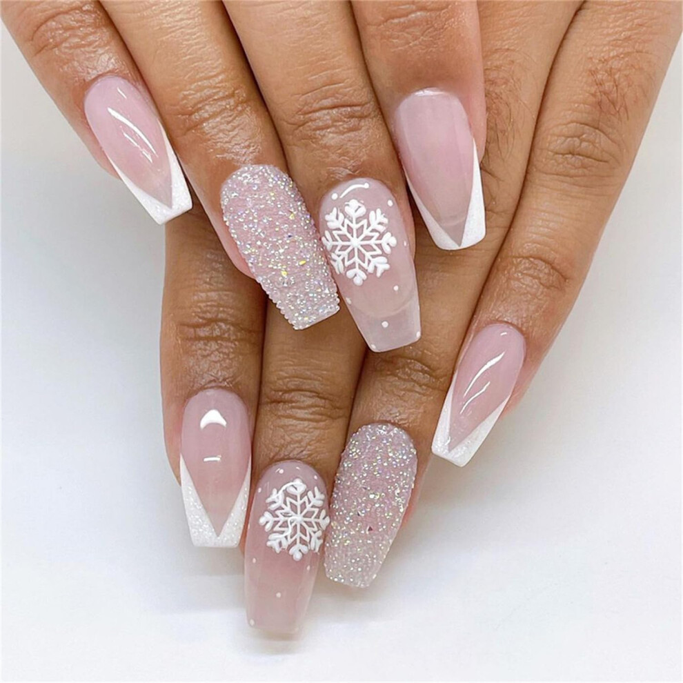 Short Coffin Press On Nails Christmas Glitter Fake Nails Snowflake French Tips 24pcs