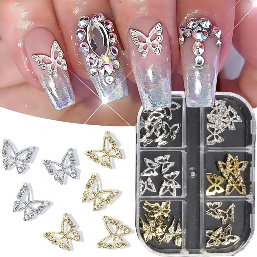 Gold 6 Grids 3D Butterfly Nail Charms For Acrylic Nails Luxury Alloy Manicure Decorations