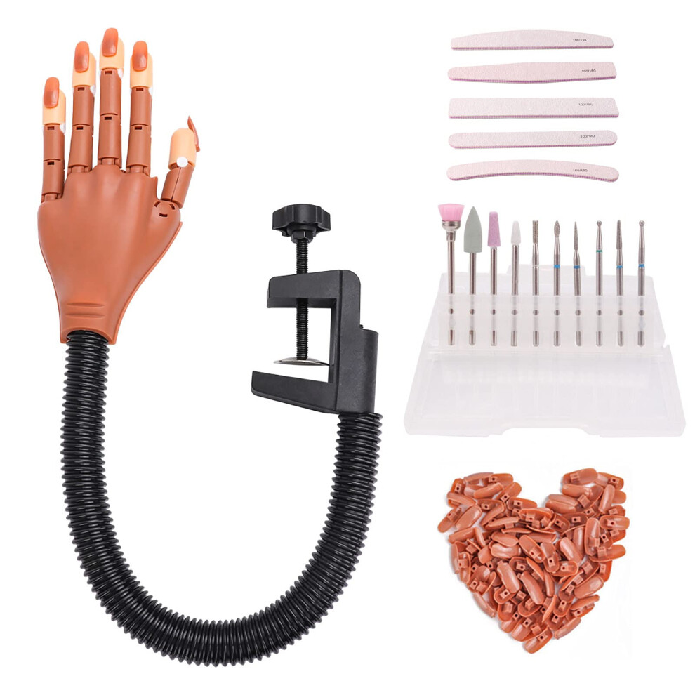 Practice Nail Hand with 100 Tips Flexible Joint Manicure Training Hand and Clamp for Nail Art