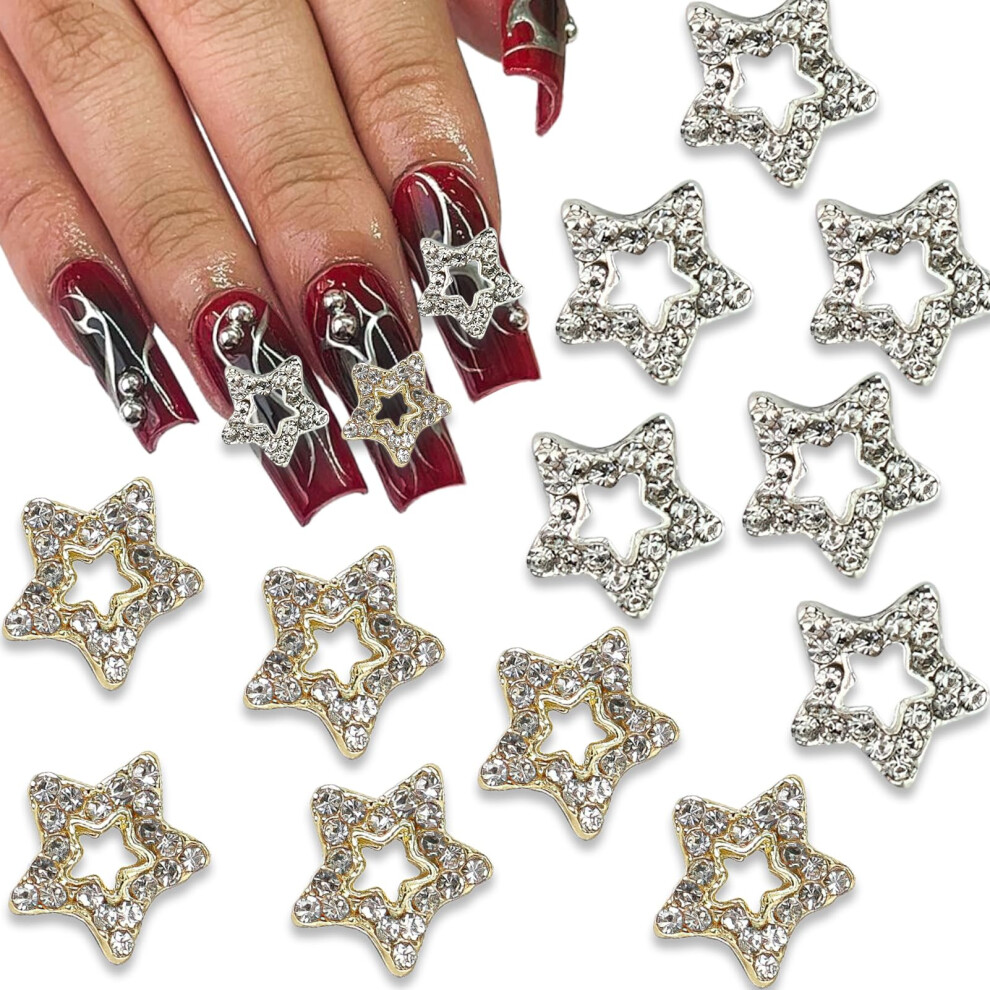 Gold/Silver 12Pcs 3D Star Nail Charms And Alloy Rhinestone Nail Art Decorations For Acrylic Nails