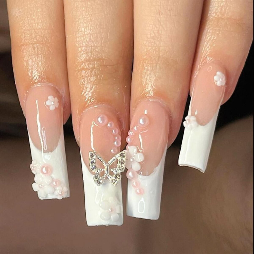 Pink,Cream Press On Nails Long Square Coffin Fake Nails Nude Pink Butterfly Glossy Full Cover Glue On 24Pcs
