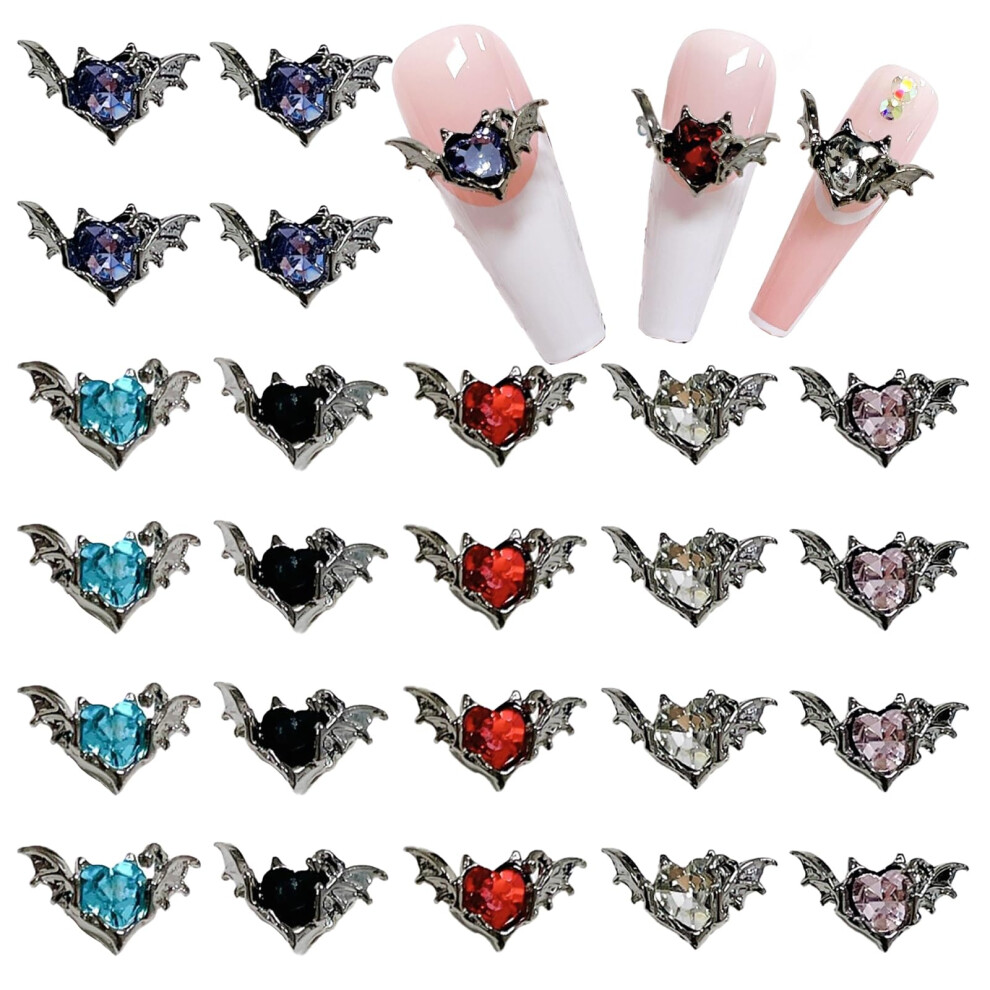 Acrylic Nail Charms 24PCS Devil Heart Bat Wing Rhinestone Gothic Y2K Nail Art Decorations
