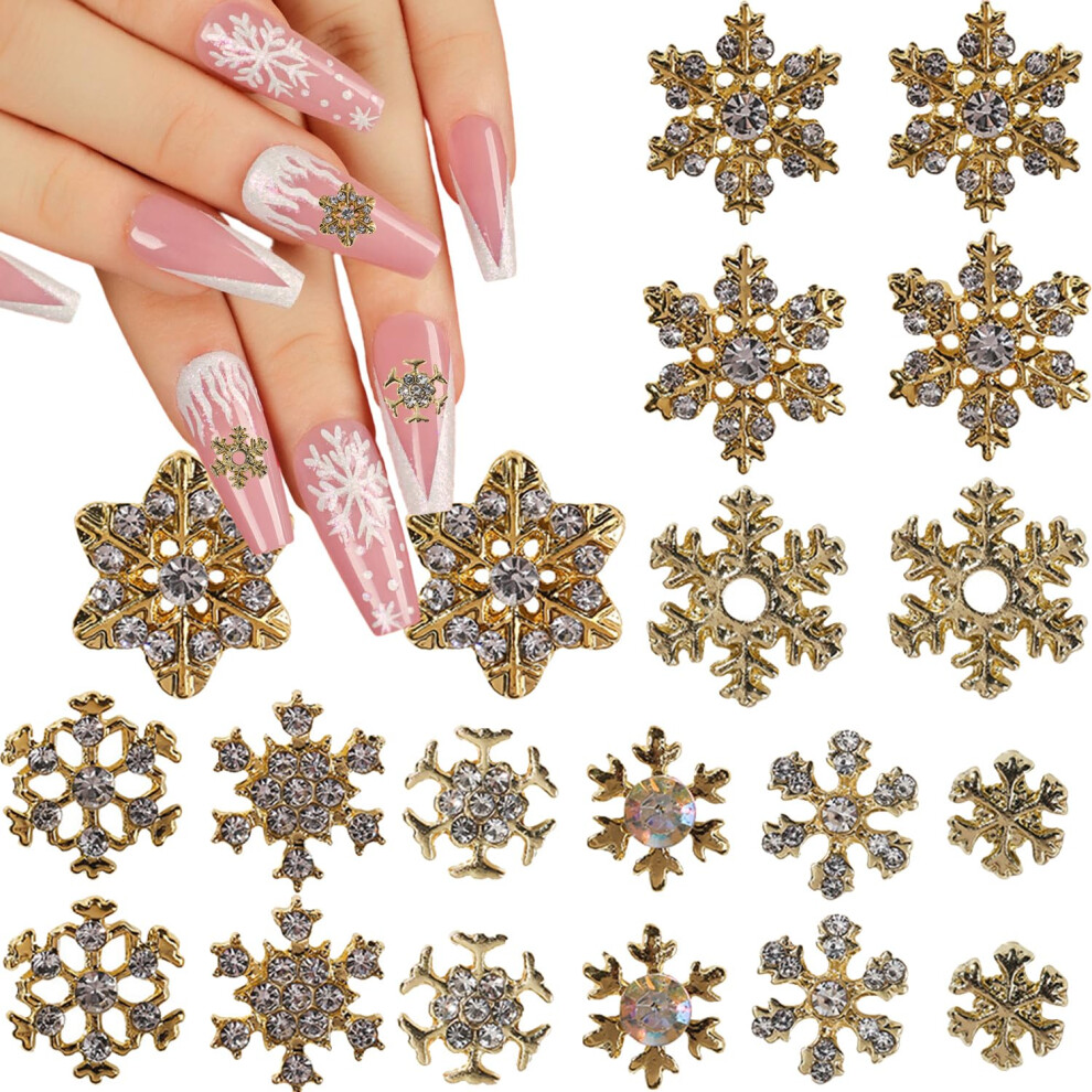 Gold 20Pcs Christmas Nail Charms 3D Snowflake With Rhinestones For Acrylic And Gel Nails
