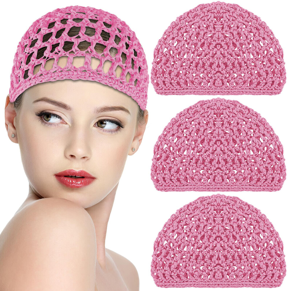 Pink Crochet Hair Net Snood Hat For Women Rayon Cotton Sleep Cap Nighttime Hair Protection