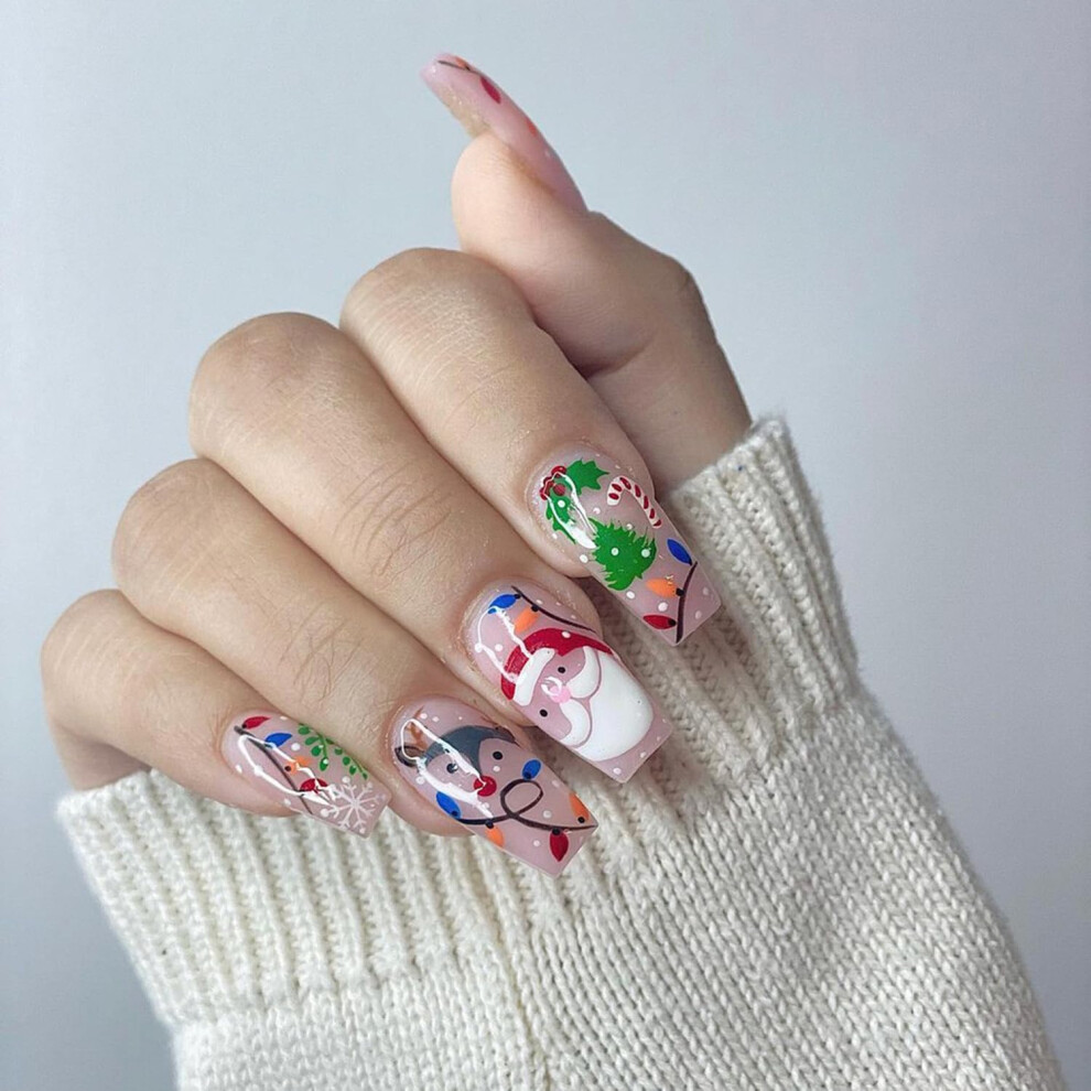 Christmas Press On Nails Square Medium with Adhesive Santa Snowflake Holiday Acrylic Set 24 Pcs