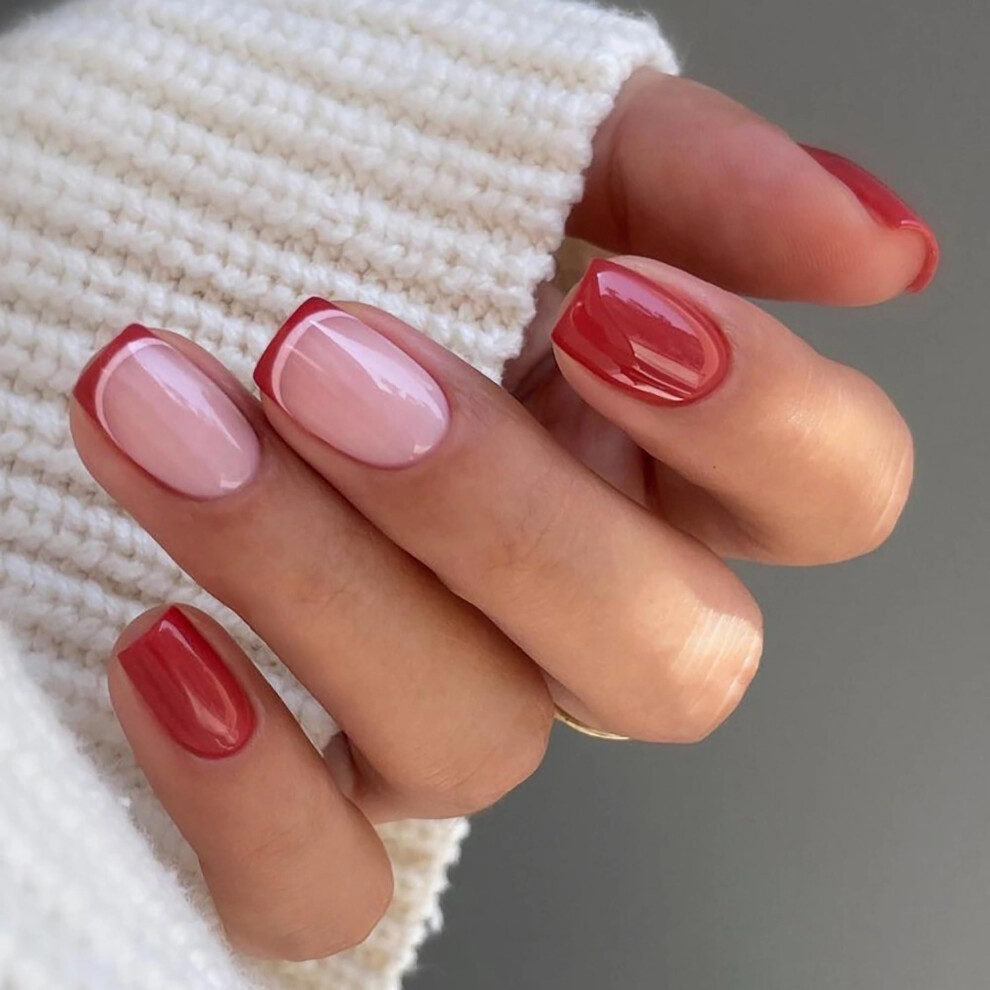 Red Short French Tip Press On Nails 24Pcs Glossy Acrylic Squoval Fake Nails For Christmas