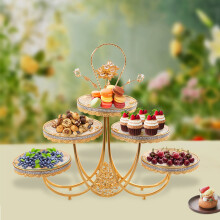 European Retro Cupcake Stand, 5 Plates Gold Cake Stand, Three-tier Design Fruits Dessert Display Plate For Showcasing Cakes, Cupcakes, Candies