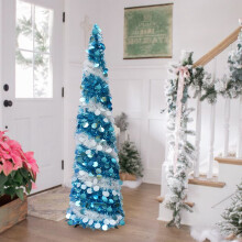5ft Collapsible Artificial Christmas Tree, Silver Pop Up Tinsel Tree with Stand, Shiny Colorful Sequin Xmas Decor for Indoor Outdoor Holiday Party