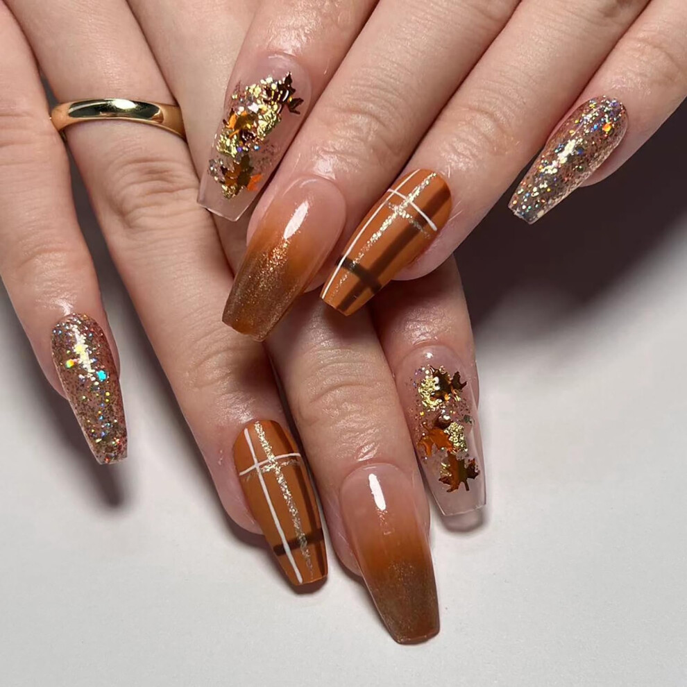 24 Pcs Fall Maple Leaf Press on Nails Medium Long Coffin Glitter Fake Nails for Thanksgiving