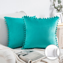 Phantoscope Pom Pom Velvet Series Decorative Throw Pillow, 20" x 20", Turquoise, 2 Pack