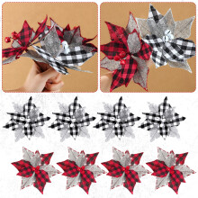 12 Pcs Christmas Buffalo Plaid Poinsettias 6.7" Ornaments with Bells, Compatible with Rustic Xmas Tree Wreath Garland (Red Black, Black White)