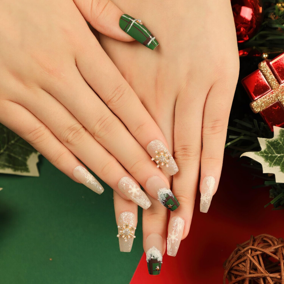 Christmas Press On Nails Long Coffin Acrylic False Nails with Snowflake Rhinestones 24pcs