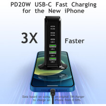 TRAHOO 6-Port USB C Charging Station with Dual PD20W, 70W Fast Charger Block, Auto Detect, compatible with iPhone Galaxy Tablet