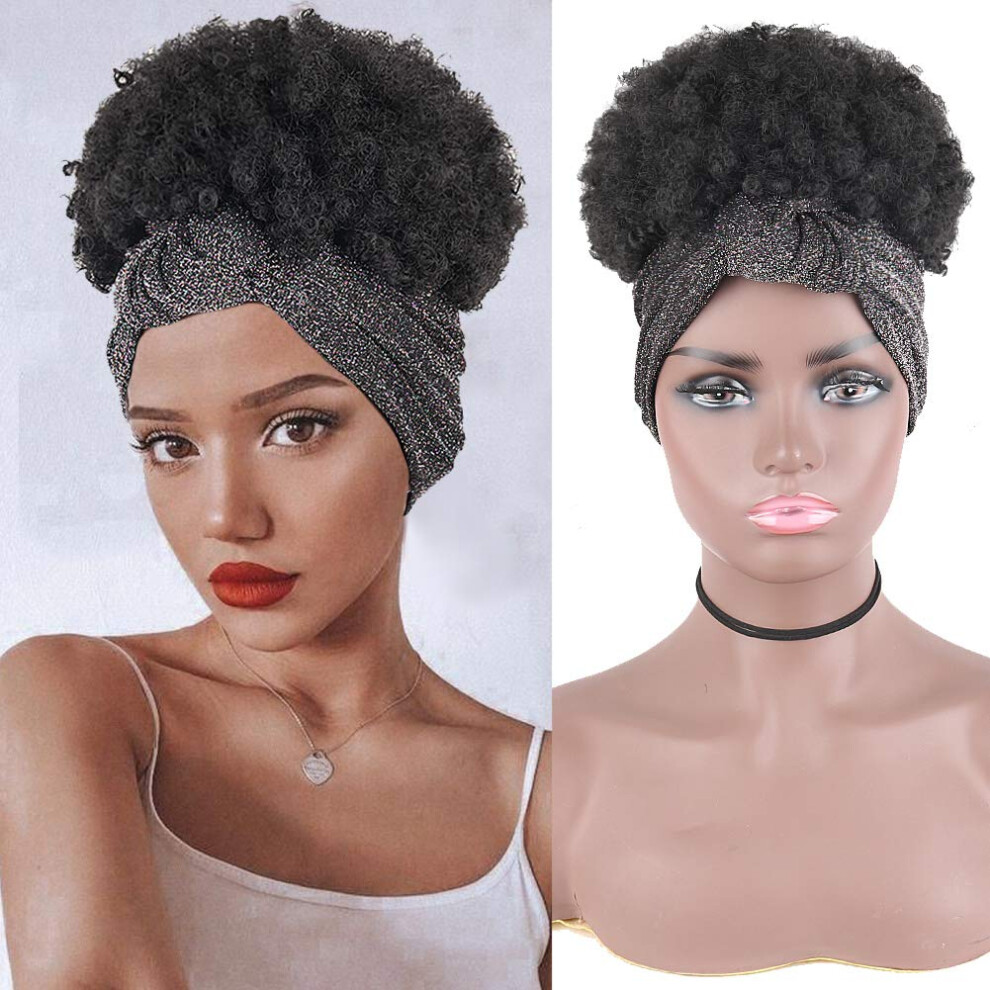 Unisex Black Headband Wig Afro Curly Short Kinky Synthetic Hair With Turban Scarf For Women