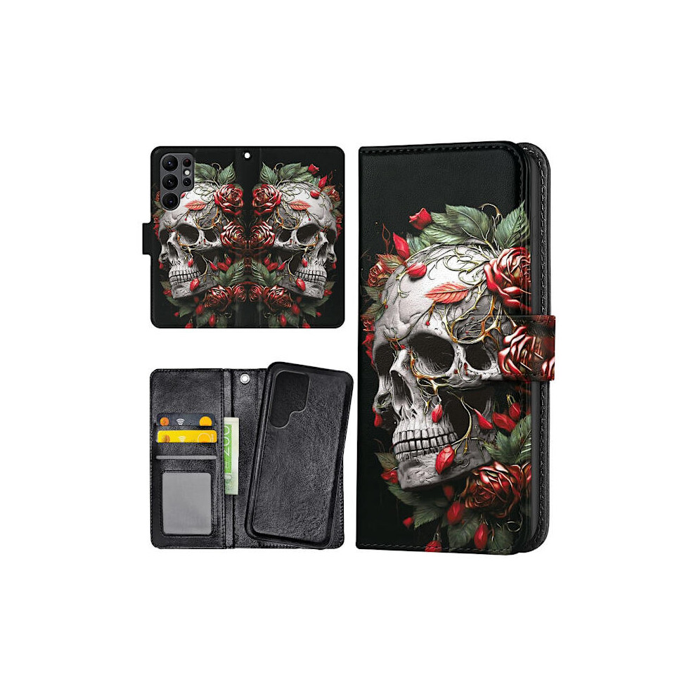 Compatible With Samsung Galaxy S24 Ultra - Wallet Case/Case Skull Roses 9557311660863