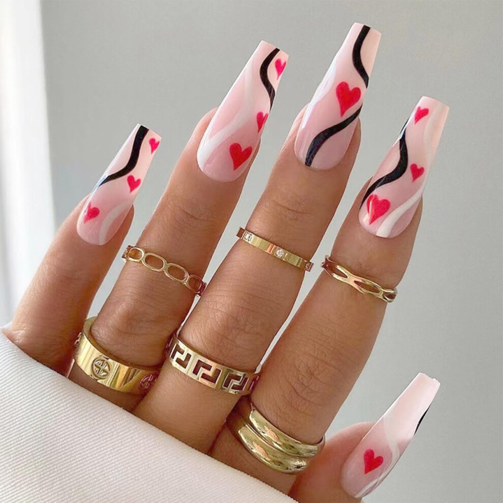 Valentine's Press On Nails Set with Red Hearts and Black Swirl, Long Square Reusable Fake Nails