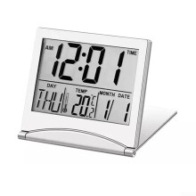 Digital Travel Alarm Clock with Large LCD Display, Temperature Monitor and Multiple Alarm Sounds, White