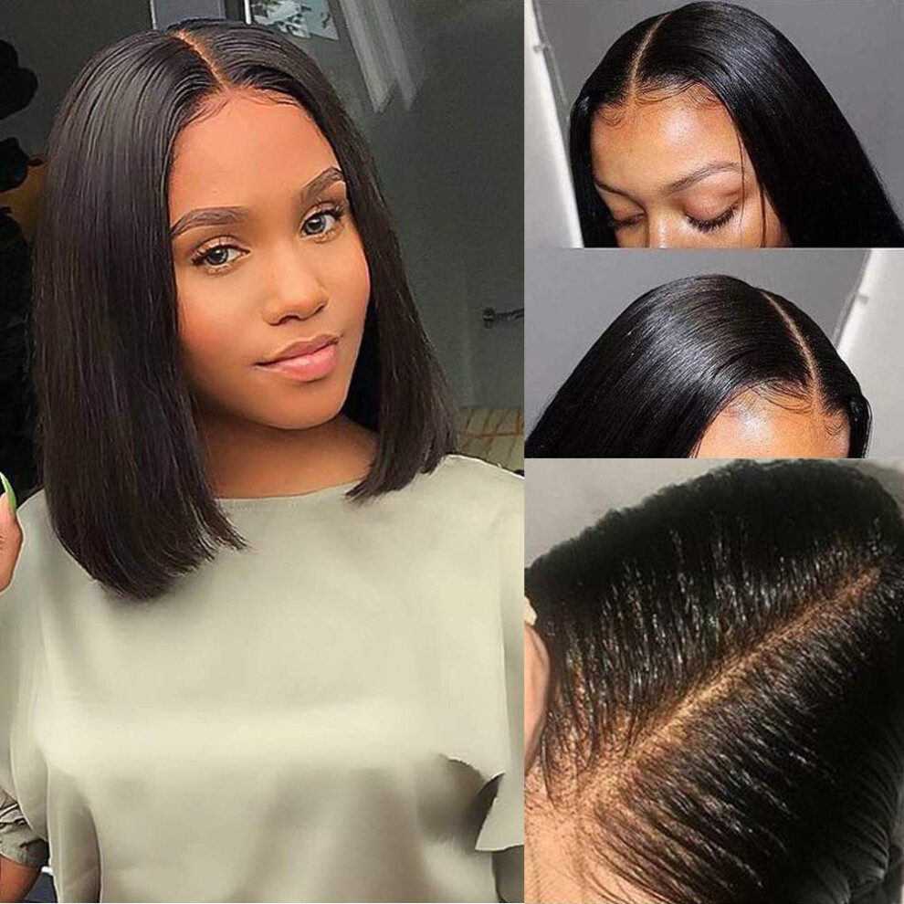 Unisex Black 8 Inch 2X6 Lace Closure Straight Human Hair Bob Wig For Women, Pre Plucked Brazilian Style With Baby Hair And Natural Hairline