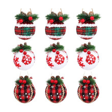9PCS Christmas Plaid Ball Ornaments - 3" Black & Red Buffalo Plaid Fabric with Pine Cones, Greenery, compatible with Xmas Tree Hanging Decor