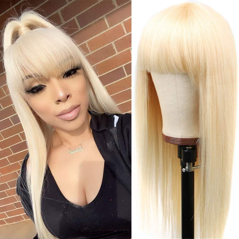 Unisex 613 Blonde Straight Human Hair Wig With Bangs 20 Inch Brazilian Virgin Remy 150% Density