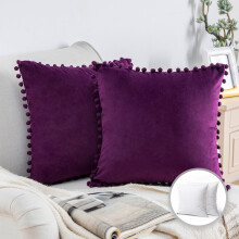 Phantoscope Pom Pom Velvet Series Decorative Throw Pillow, 22" x 22", Dark Purple, 2 Pack