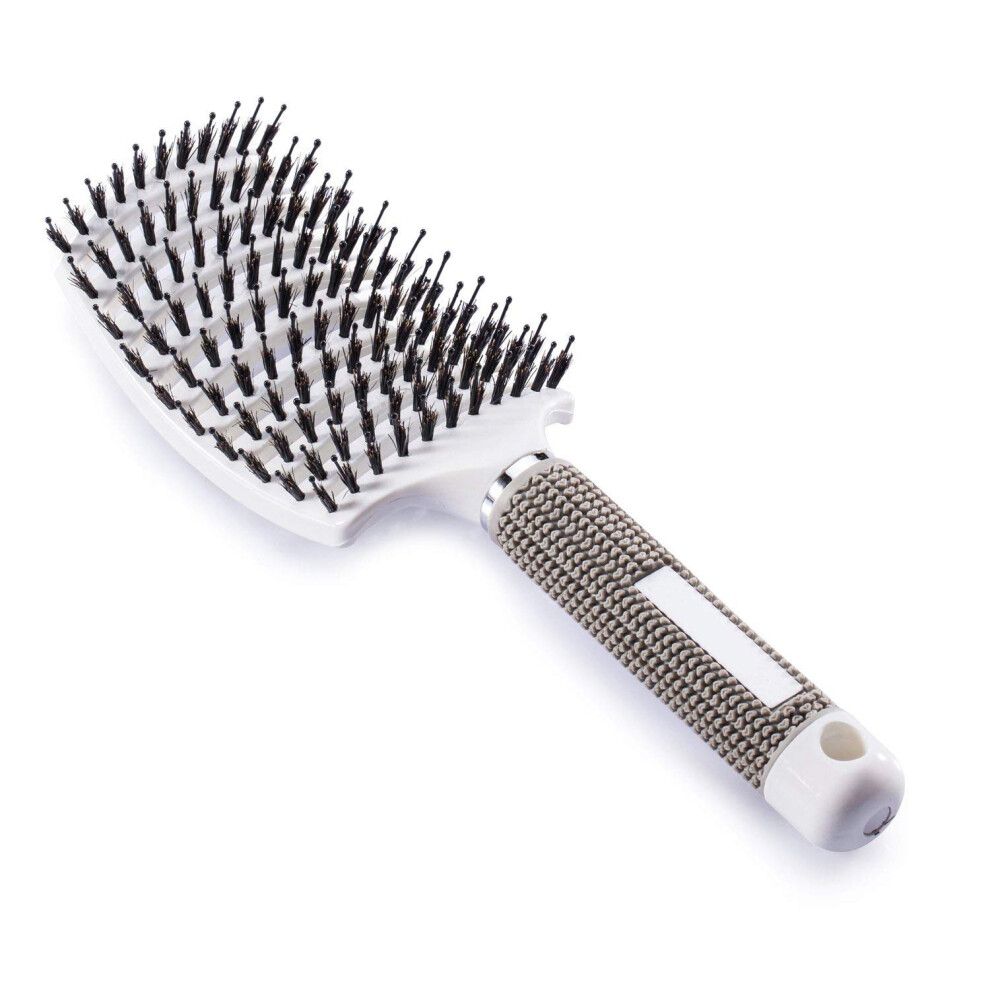 White Curved Vented Hair Brush With Boar Bristles For Fast Drying And Gentle Detangling Â