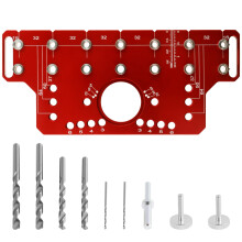Grusce Shelf Pin Hinge Jig, Aluminum Alloy Drilling Guide with Bits, Adjustable Cabinet Hole Template, All Metal Woodworking DIY Hardware Tool
