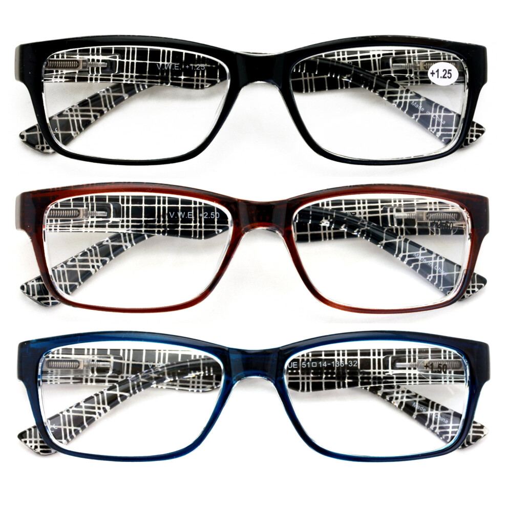 3 Pairs Comfortable Modern Rectangular Lightweight Reading Glasses - Clear Lens Reader Plaid Stripe Men Women 7017 +1.75