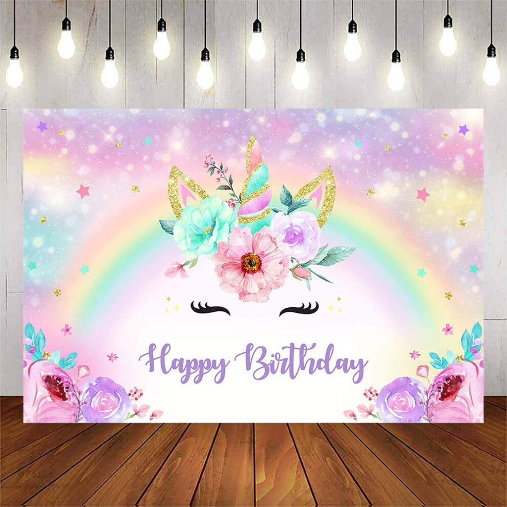 Unicorn Birthday Backdrop Glitter Rainbow Unicorn Birthday Photo Background Girls Birthday Bokeh Floral Gold 9418476293221