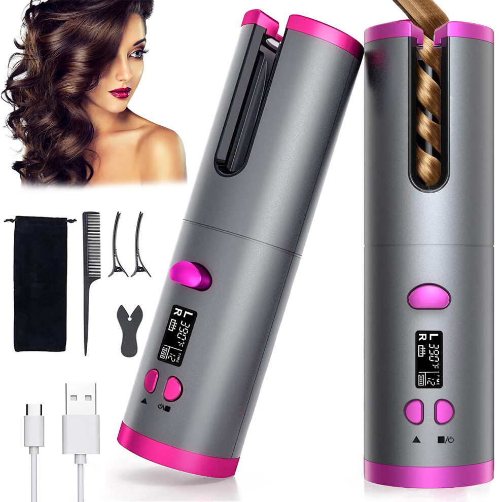 Cordless Automatic Hair Curler with AntiTangle Rotating Ceramic Barrel, USB Rechargeable for Long Hair