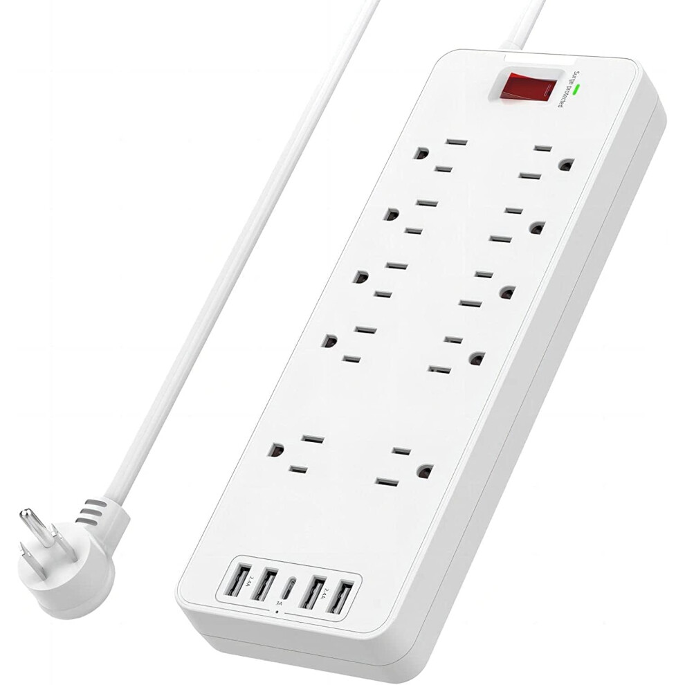 Power Strip Surge Protector With 10 Outlets & 4 Usb Ports & 1 Usb-C Port (5V/3A), 1875W/15A Flat Plug Spaced 9130661576291