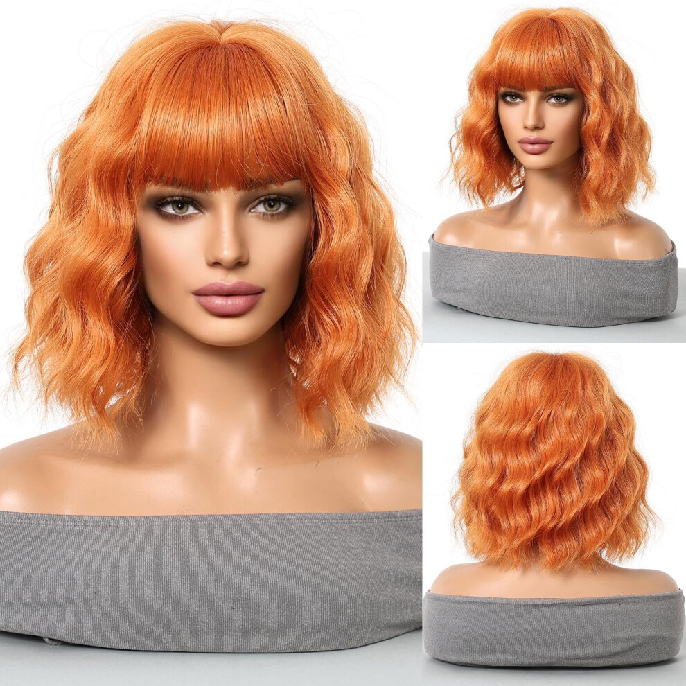 Short Curly Bob Wig with Bangs, Natural Texture, Breathable Cap, Blonde or Orange Colors