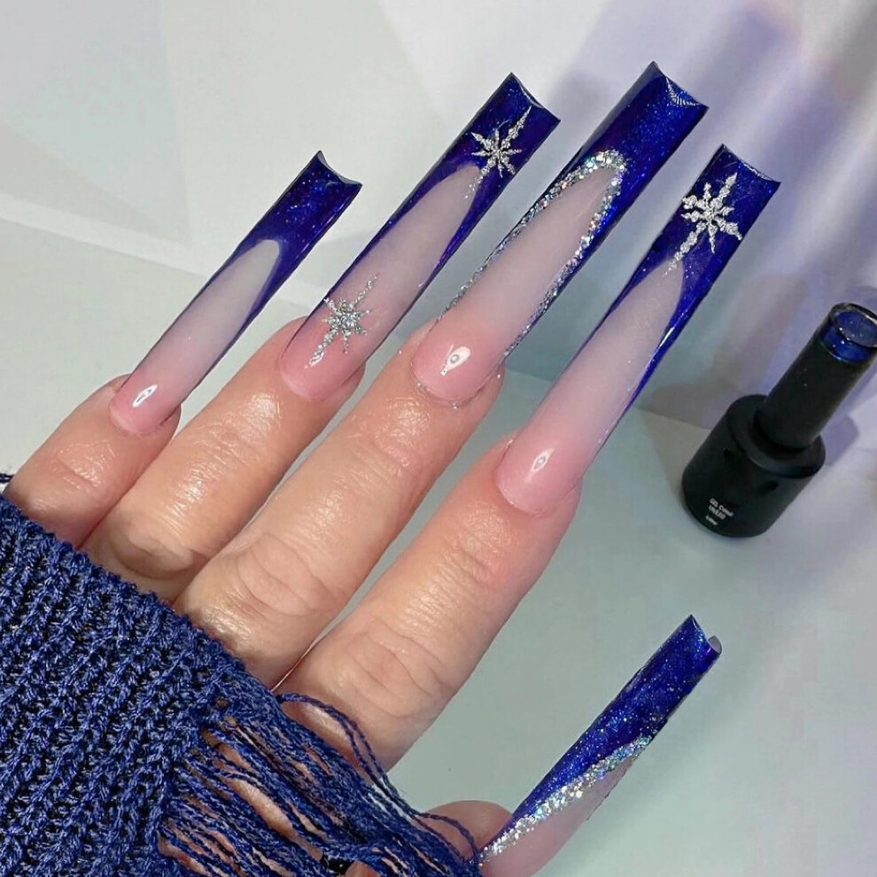 Blue,Purple Long Square Press On Nails With Glue, Blue Purple French Tip Fake Nails, Snowflake Glitter Tips, 24Pcs