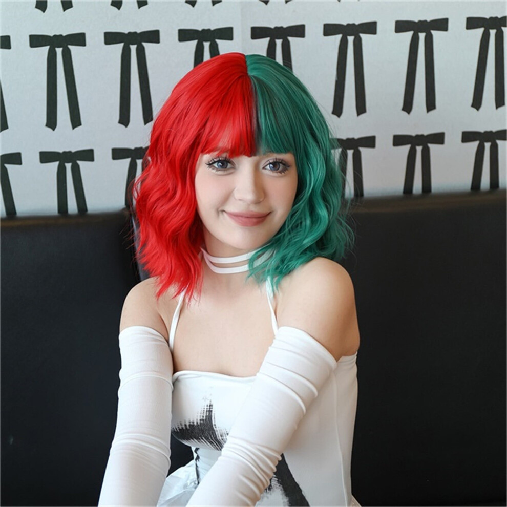 Unisex Green,Red Blaxill Wigs Human Hair Deals Of The Day Clearance Popular 14 Inch Half Green And Half Red Short Curly Hair