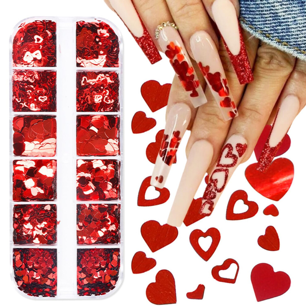 Valentine's Day Nail Glitter Flakes with 12Style Holographic Heart Sequins for Acrylic Nails