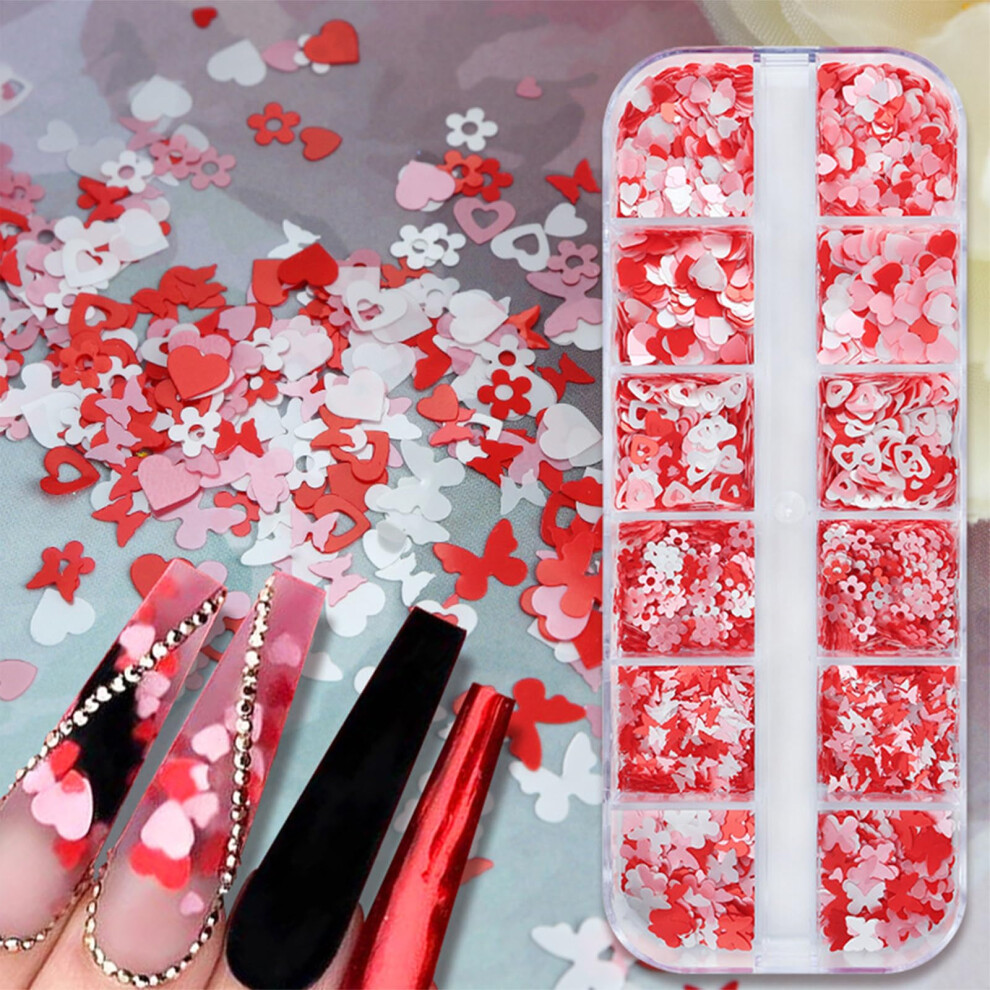 Red/Pink/White Nail Art Glitter Set With Holographic Nail Sequins, Butterfly Flower Heart Shapes, 12Grid Valentine's Day Decorations