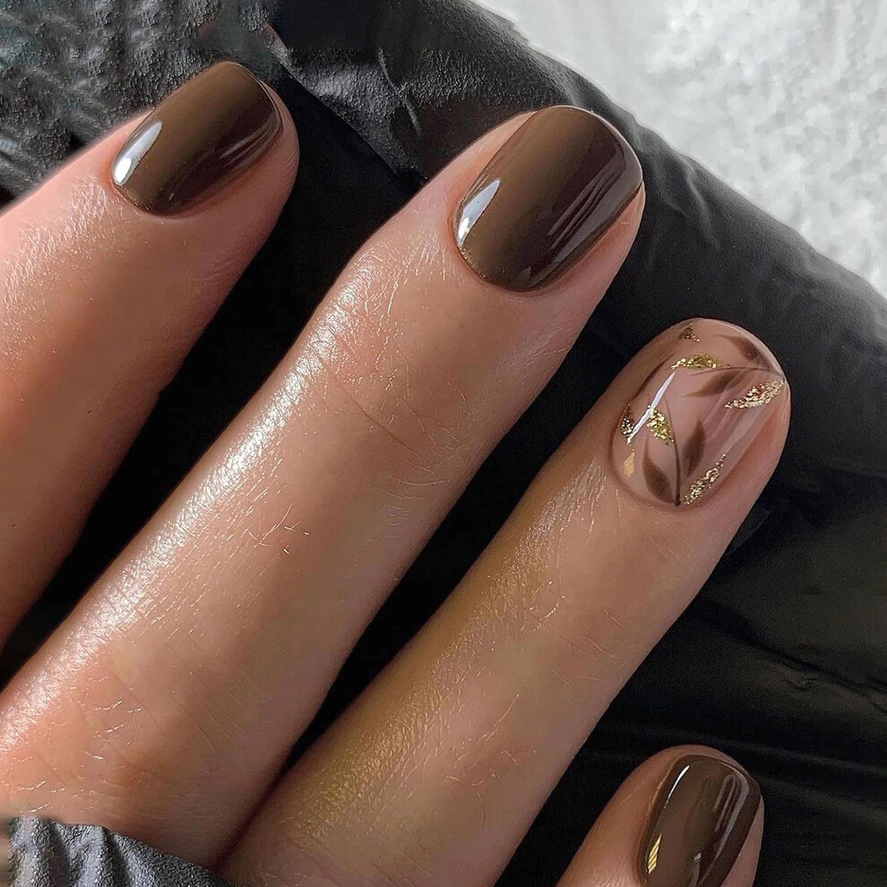 Brown Short Glitter Press On Nails With Glue, Durable Abs Fake Nails, Salonstyle Finish, 24Pcs