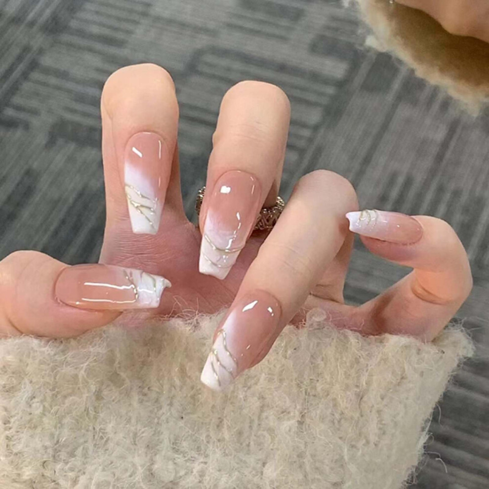 Cream Long Coffin Press On Nails Gradient Nude Fake Nails Set For Women 24Pcs Reusable Full Cover