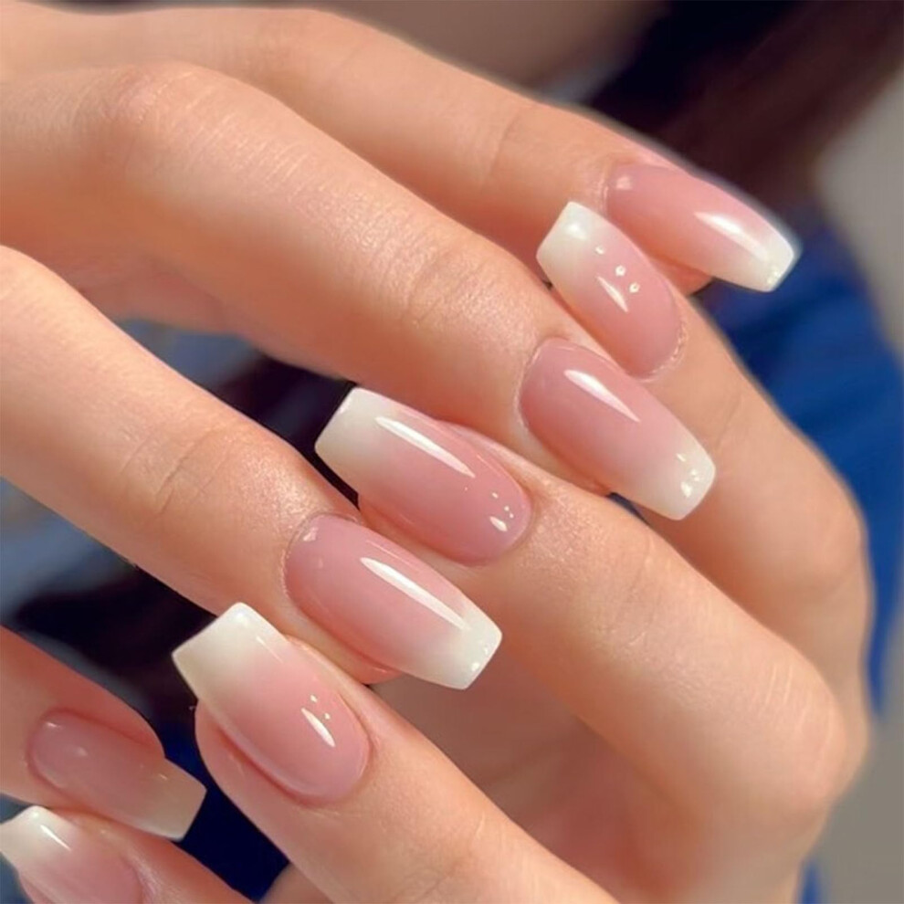 Pink Coffin Press On Nails Short French Gradient Acrylic Reusable Fake Nails Set 24Pcs