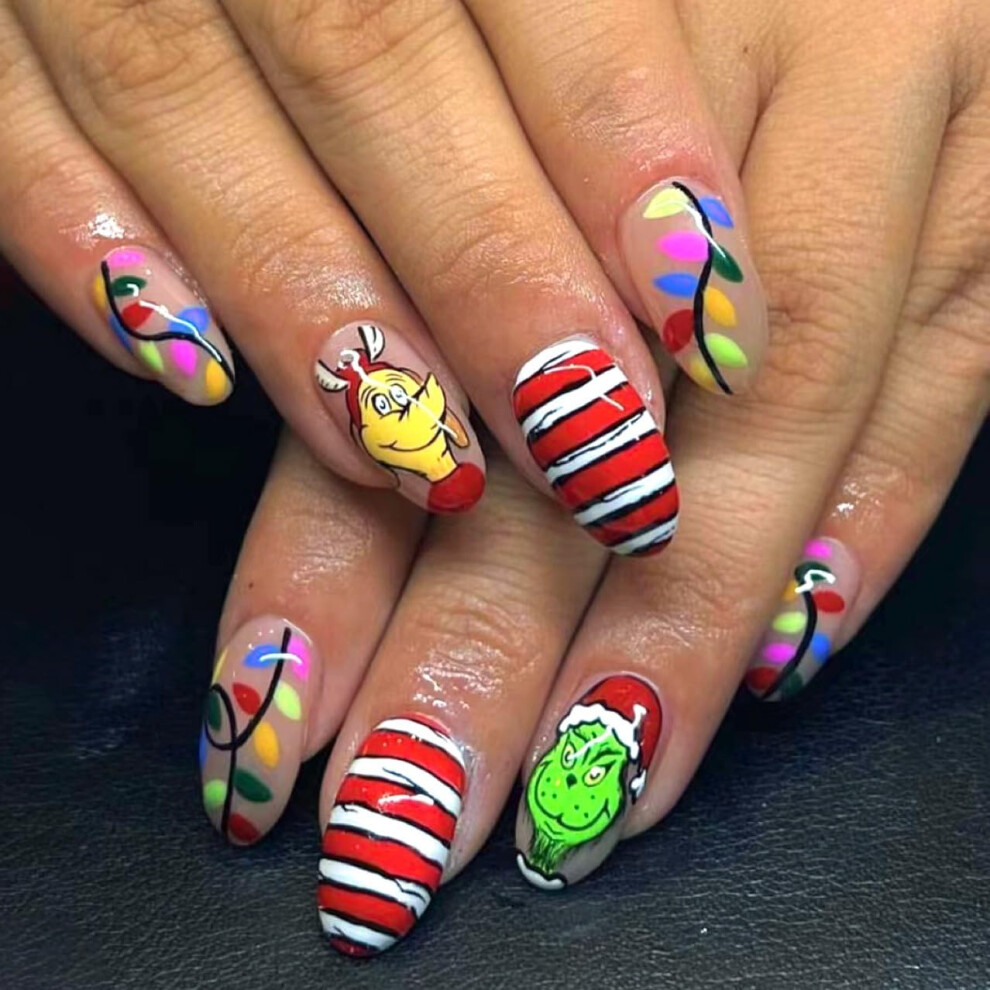 Christmas Press on Nails Medium Almond Fake Nails Set with Glue Reusable Acrylic Tips Multiple Sizes