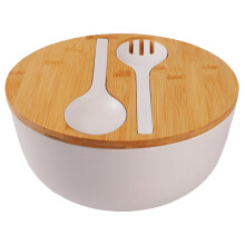 Large Bamboo Fiber Salad Bowl with Wooden Lid and Utensils, 9.8 Inch for Salad or Fruit Serving